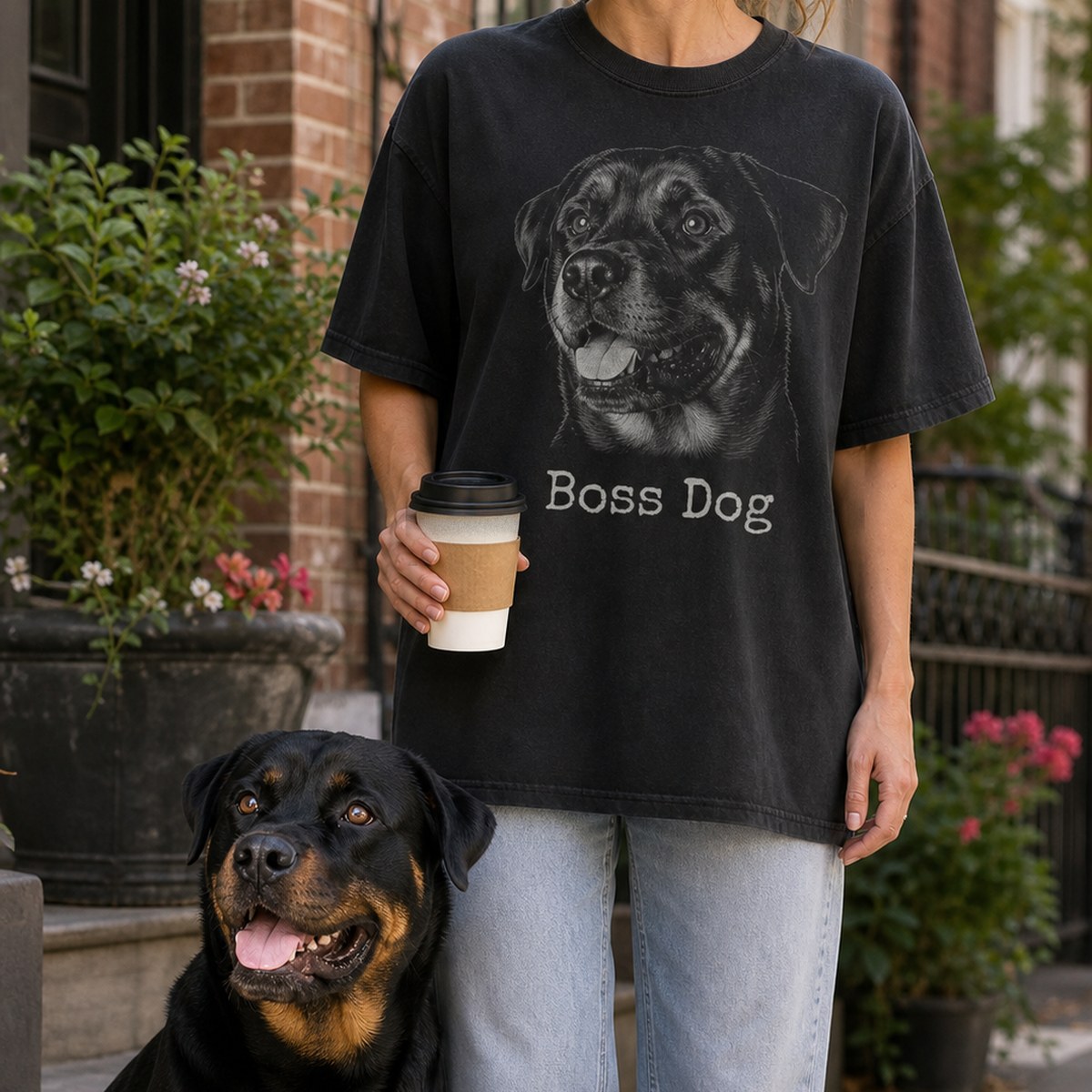 Person wearing a Boss Dog t-shirt and holding coffee beside the dog