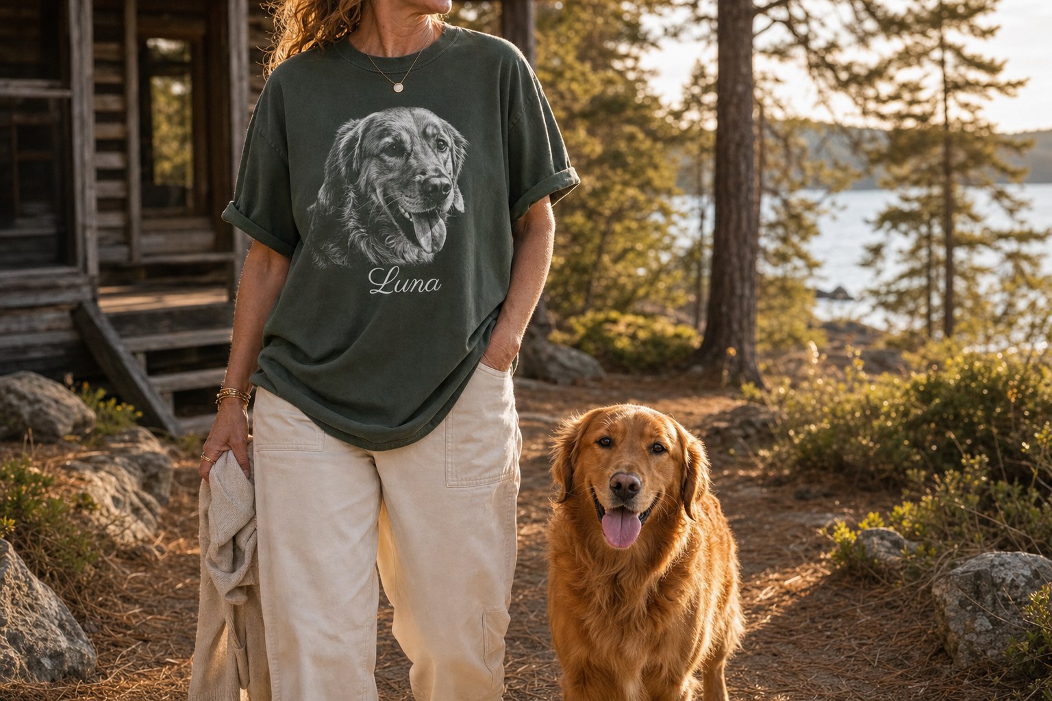 Person wearing a personalized Luna dog t-shirt beside the real dog