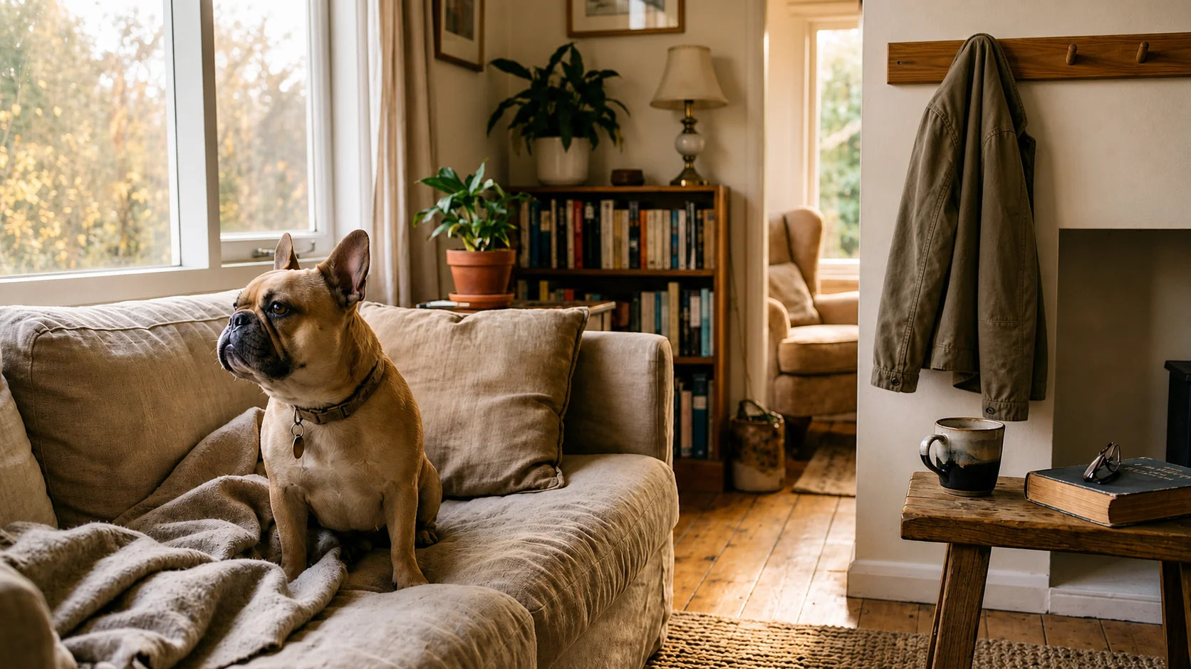 French Bulldog at home in a warm, lived-in living room