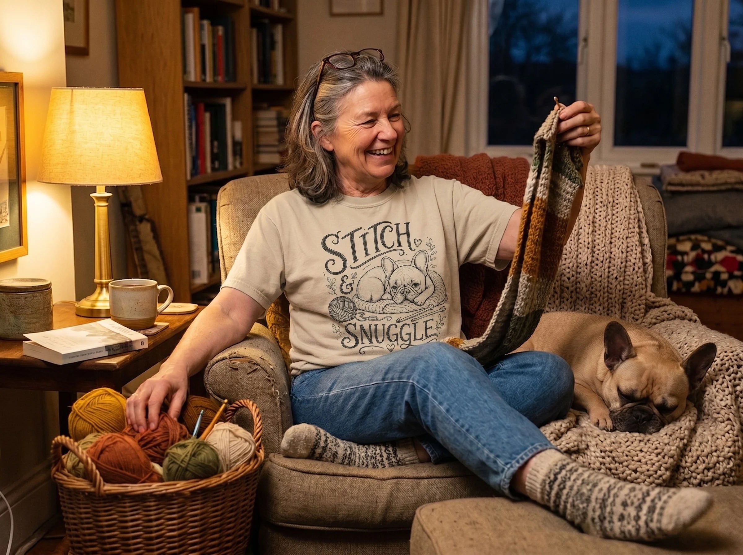 Frenchie owner relaxing at home in a Favourite Pawson tee