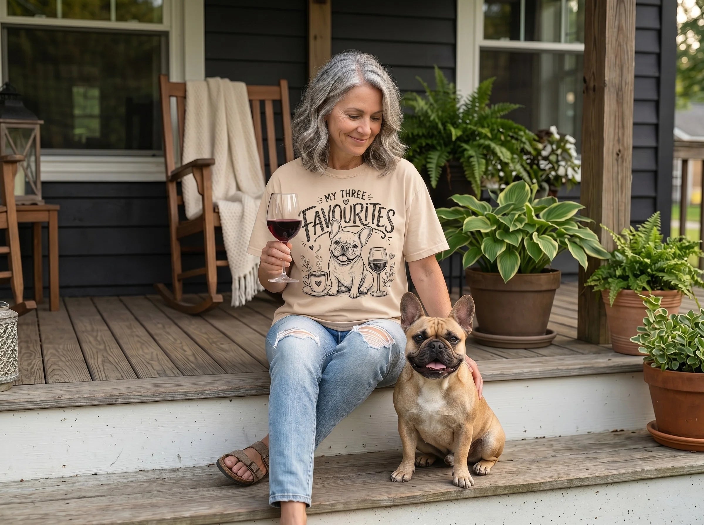 Frenchie owner wearing a Favourite Pawson tee on a relaxed afternoon